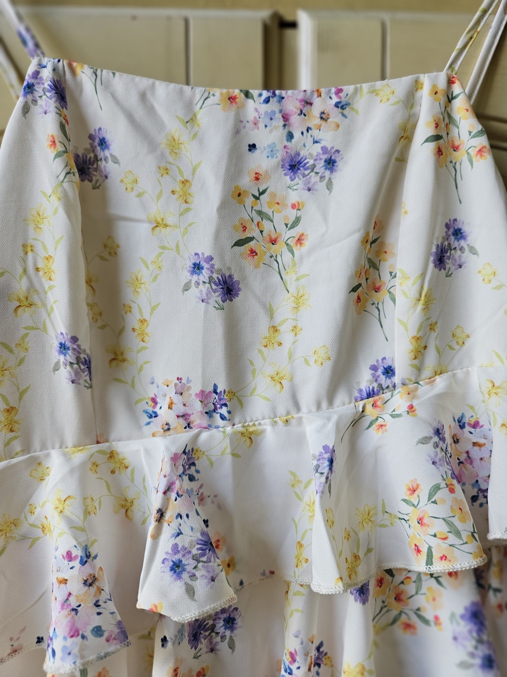 SHEIN Light Yellow Floral Ruffled Summer Dress with Purple & Yellow Blossoms - Picture 3 of 5